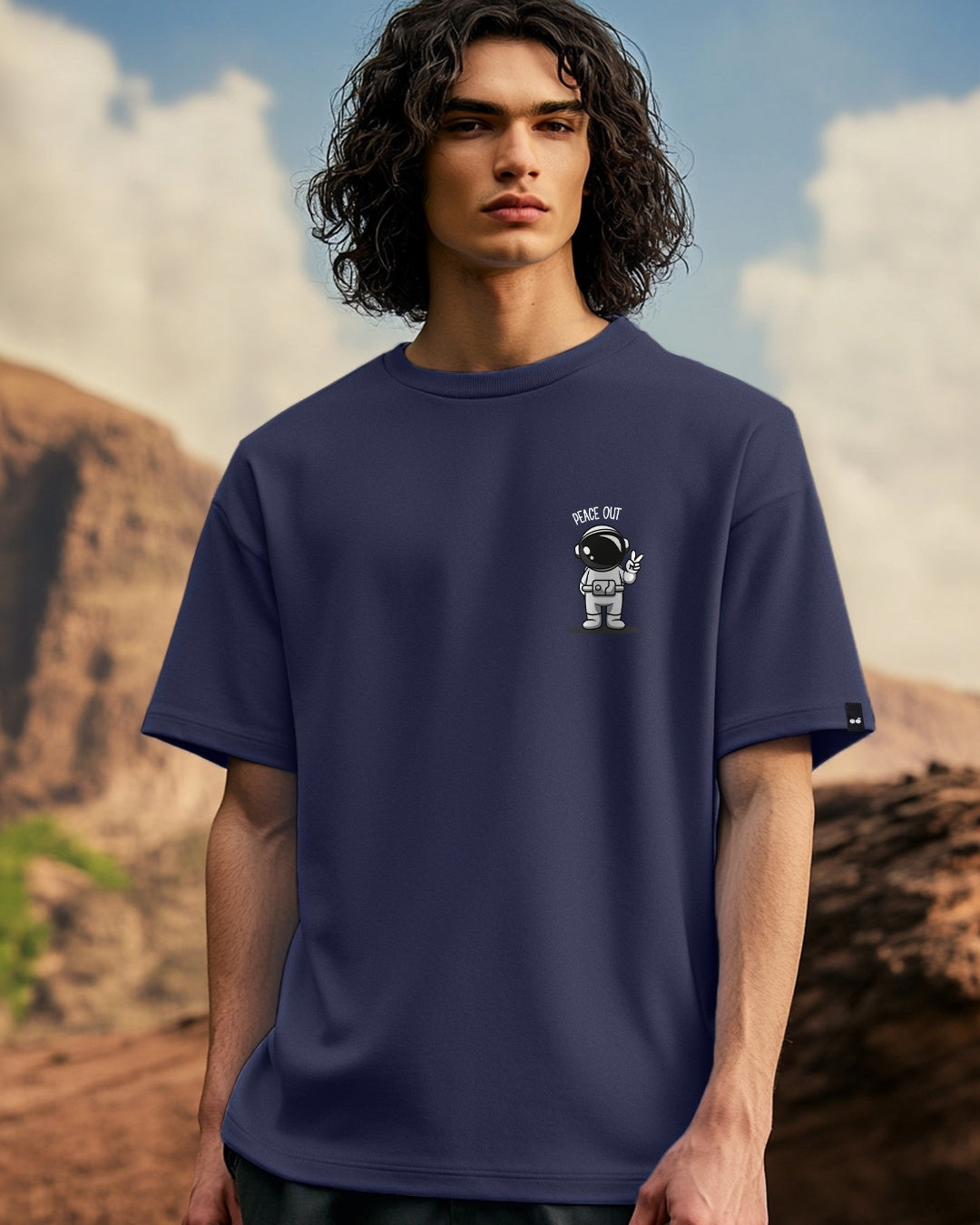 Men's Blue Peace Out Astronaut Graphic Printed Oversized T-shirt